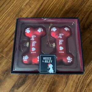 NWT New Reece & Riley Red Dog Bone Ornaments Set of 2 Christmas Holiday Decor